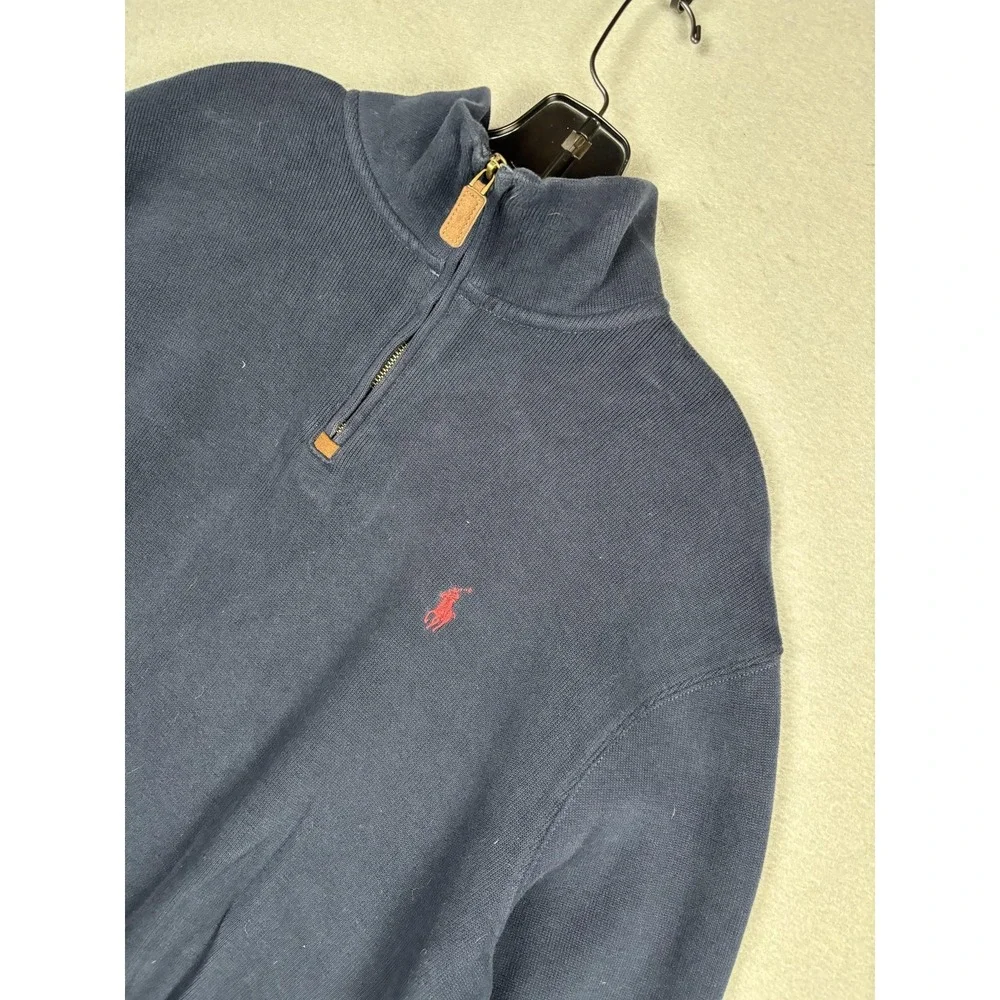 Polo Ralph Lauren Sweater Mens Large Blue 1/4 Zip Mock Neck Knit Pullover Logo